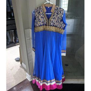 Shalwar Kameez Gold and Blue Gorgeous Long Dress